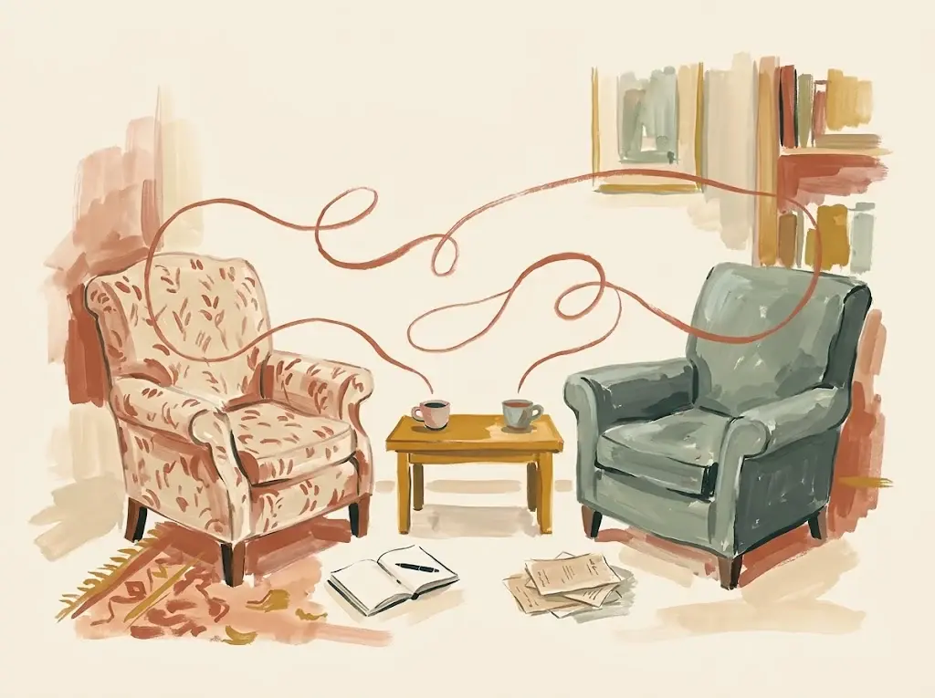 Two armchairs face a small table with teacups, with a flowing thread connecting them.