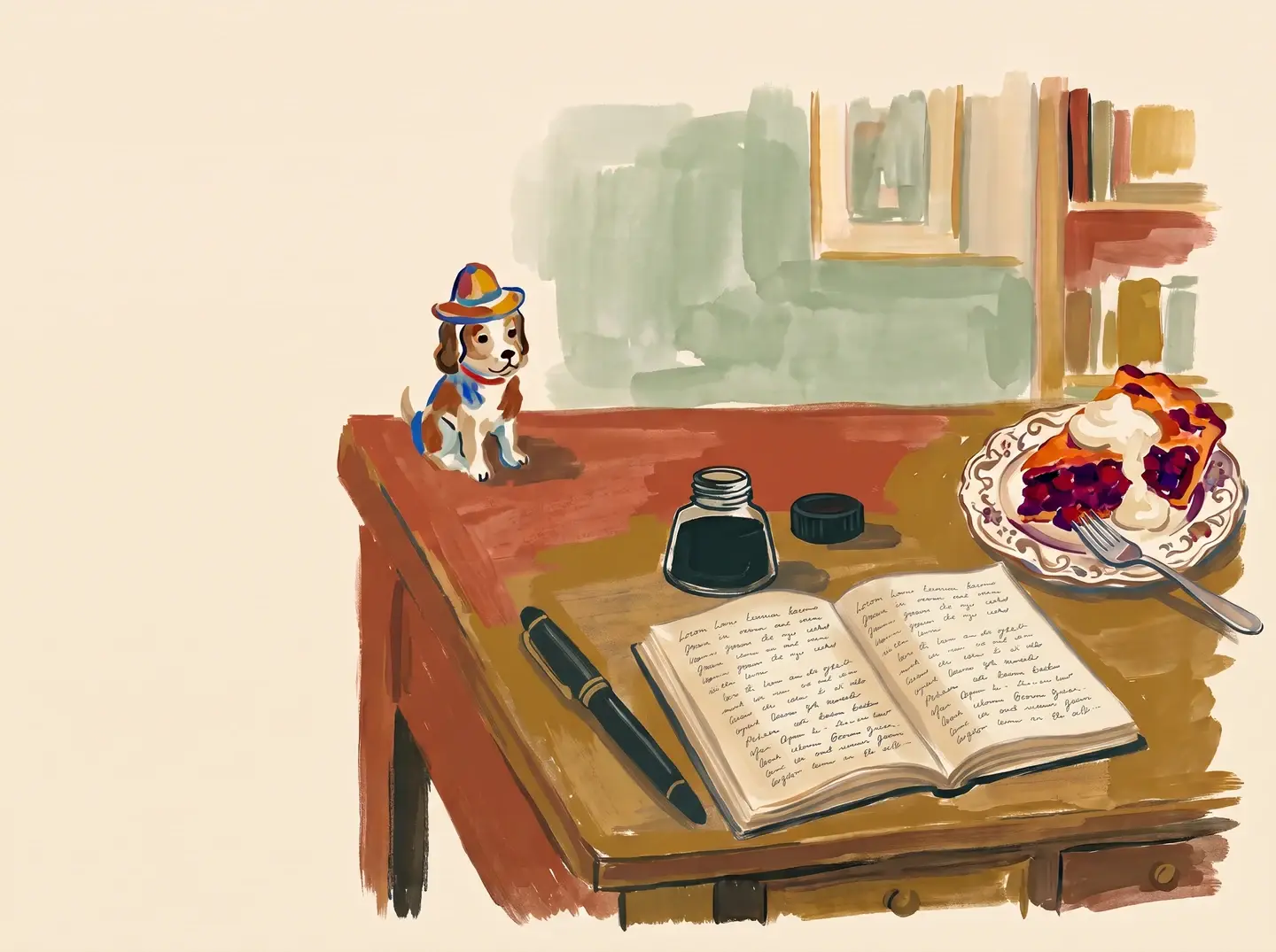 An open notebook, fountain pen, ink bottle, and slice of pie sit on a wooden writing desk.
