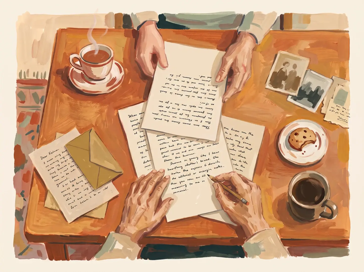 Two people share handwritten pages and old photographs across a table with cups of tea.