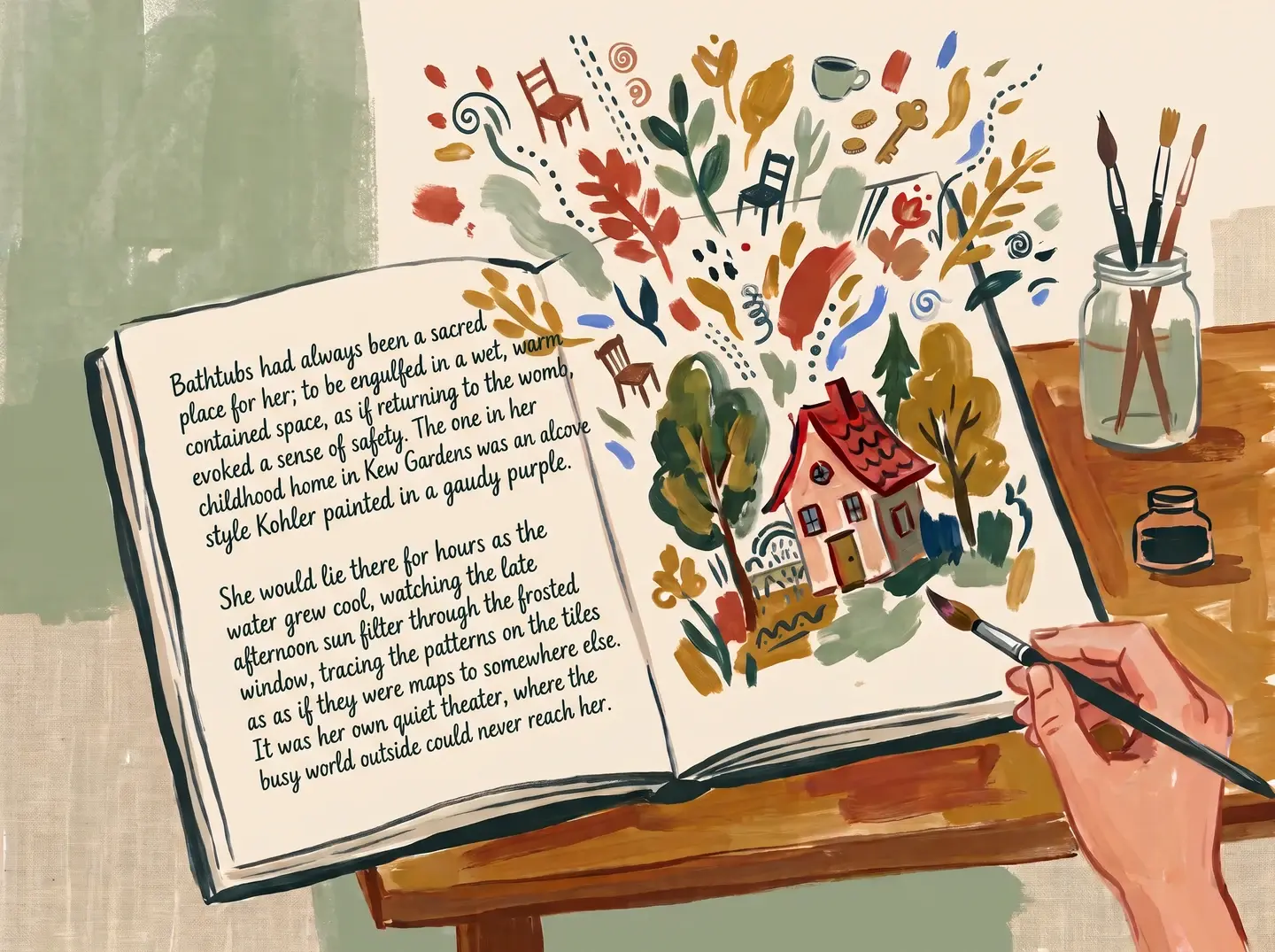 A hand paints a house and colorful remembered objects rising from the pages of an open storybook.