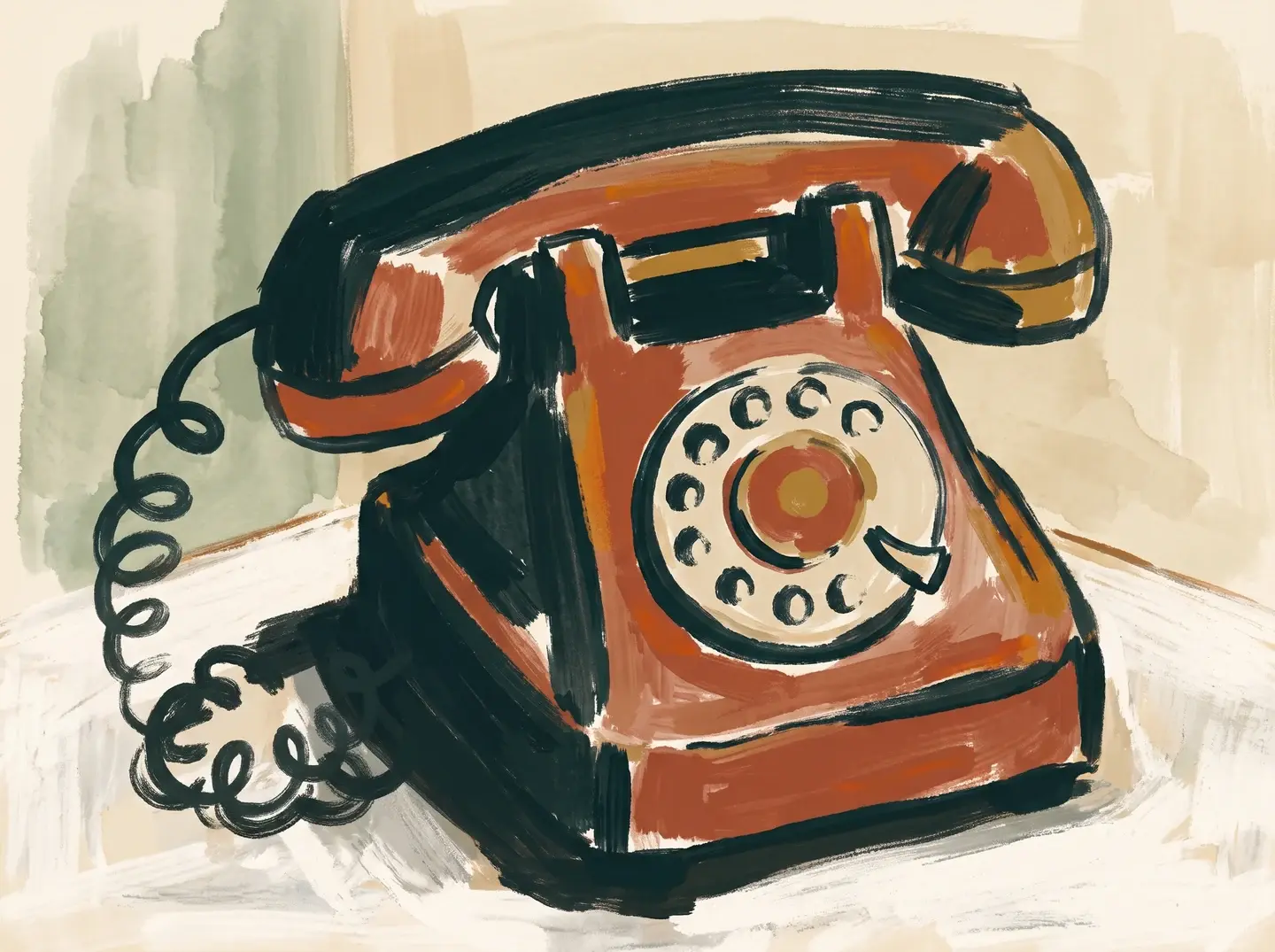 A warm terracotta rotary telephone rests on a softly painted tabletop.